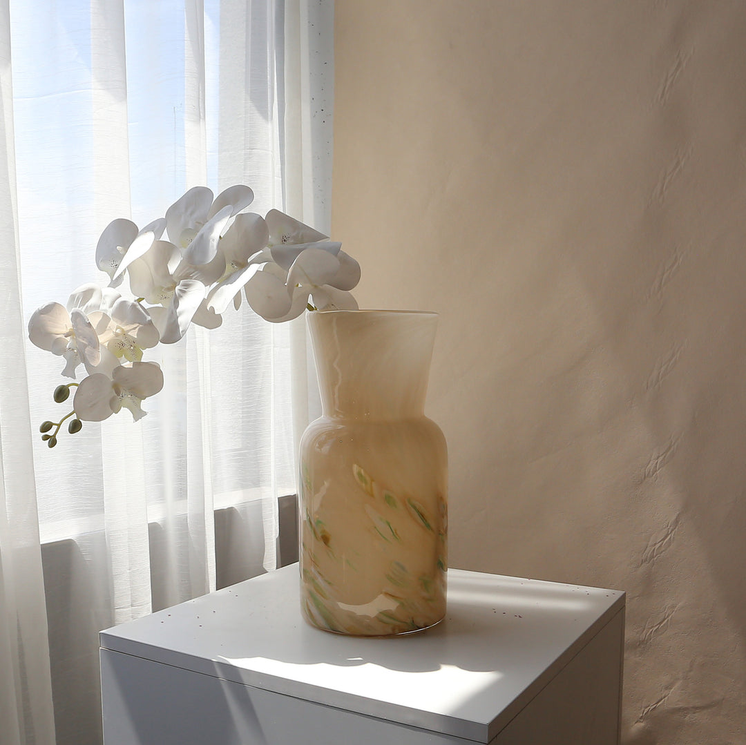 Hand-Blown Swirled Glass Tall Cylinder Vase with Flared Neck Centerpiece