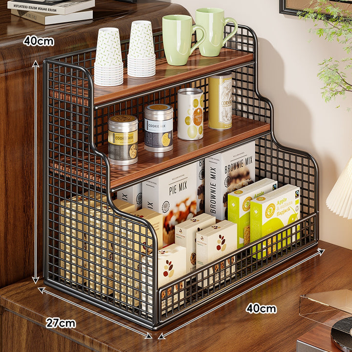 Multi-Tier Mesh Metal and Bamboo Countertop Pantry Organizer Shelf