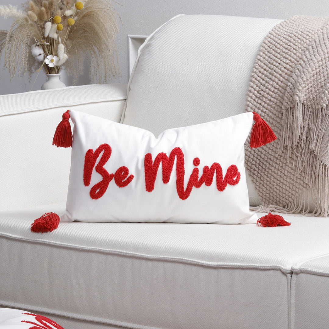 Plush Heart Appliqué Tassel Corner Decorative Throw Pillow Cover