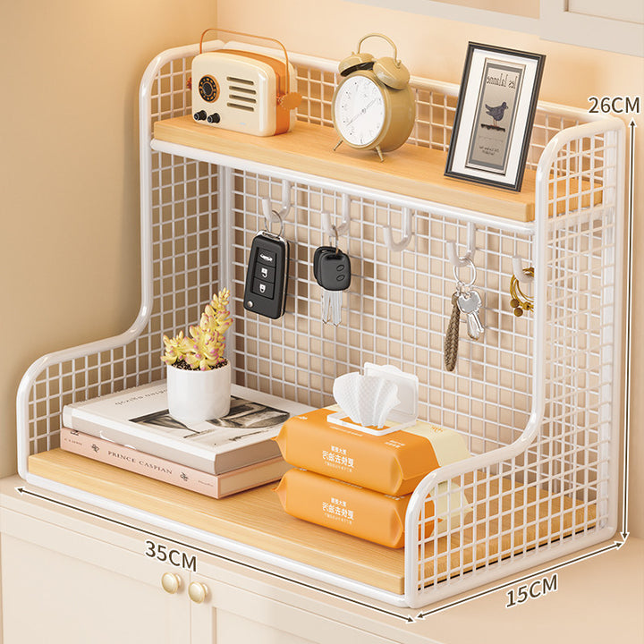 Wall-mounted double shelf organizer with hooks