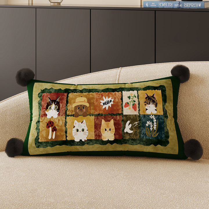 Decorative Rectangular Throw Pillow with Pom-Pom Corners and Patchwork Cat Illustration