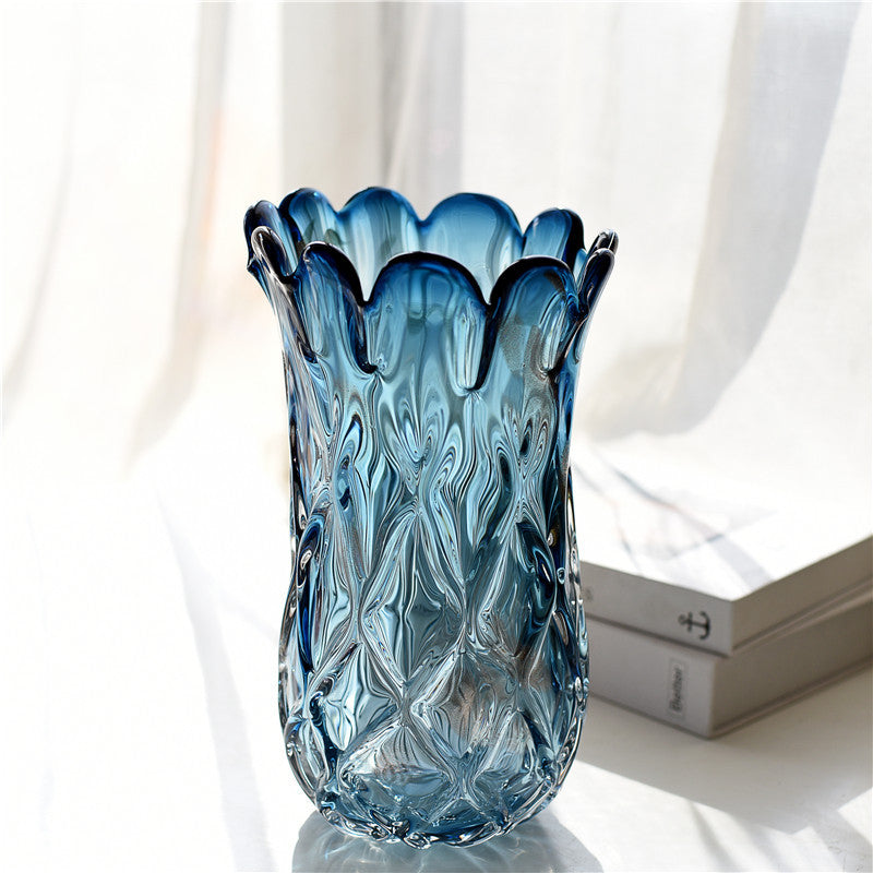 Hand-Blown Ruffled-Rim Swirled Glass Bulbous Tall Centerpiece Vase