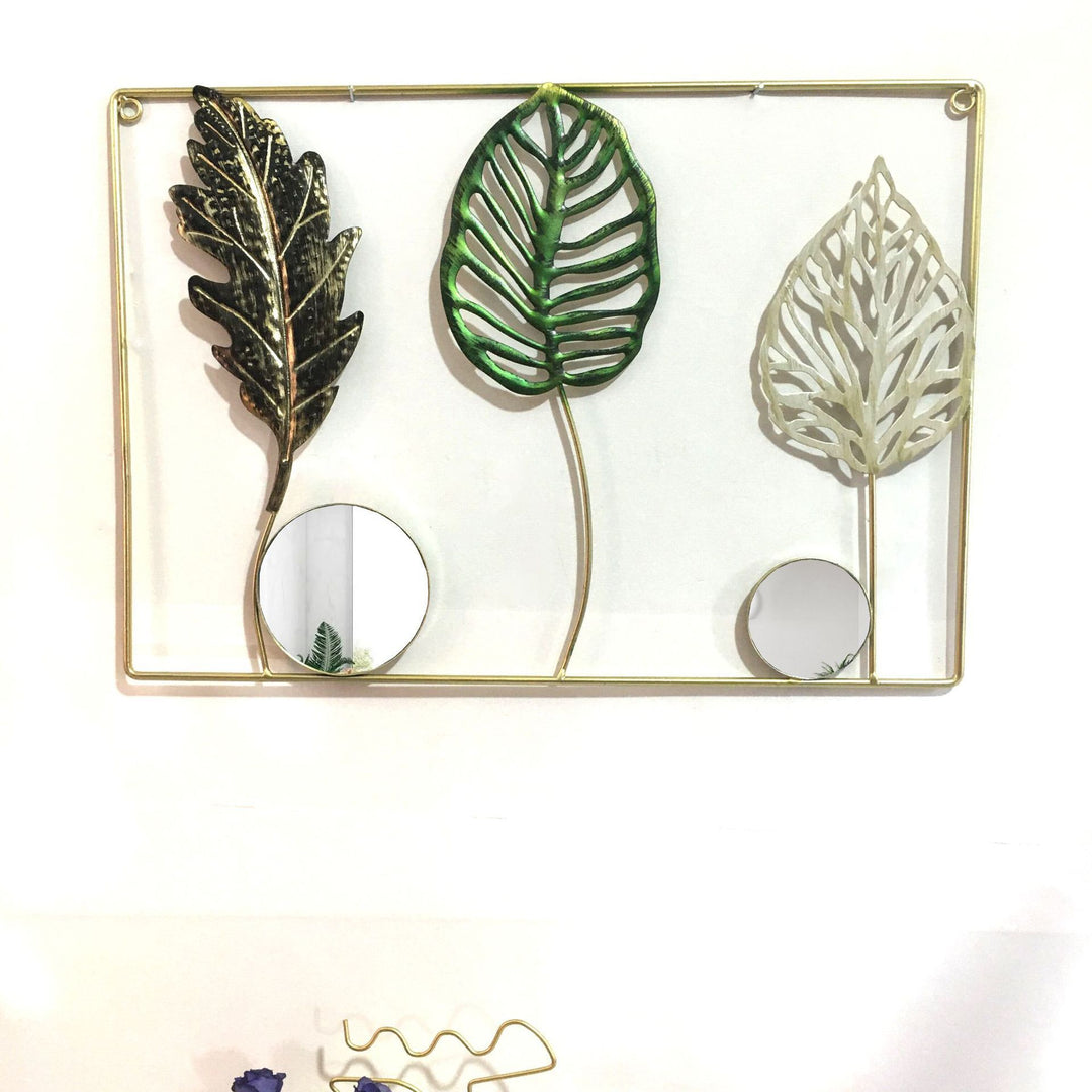 Decorative Metal Wall Art with Tropical Leaf and Mirror Design