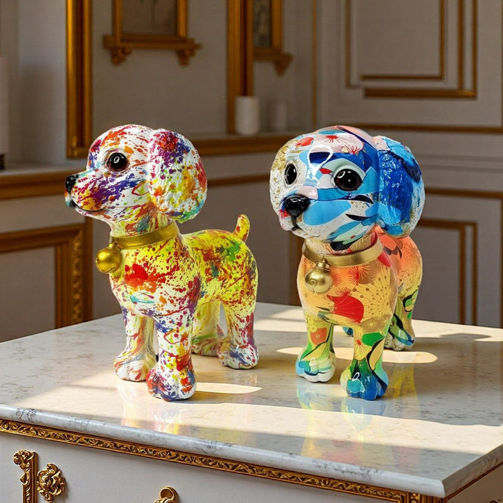 Artistic dog sculpture with colorful design