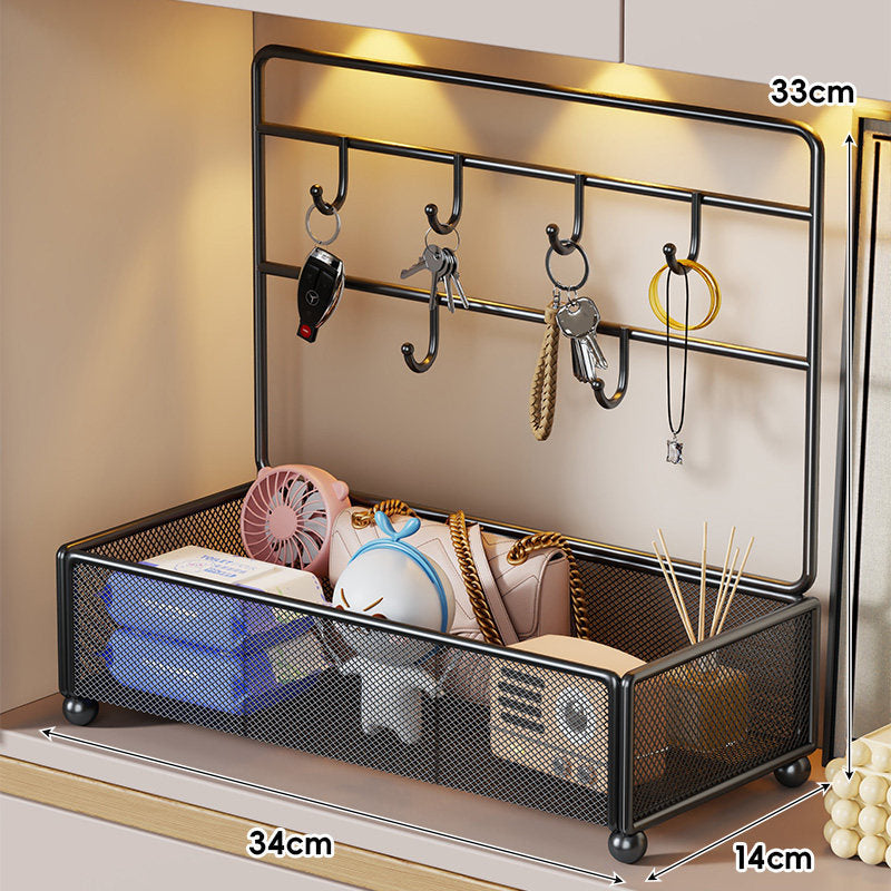 Mesh Two-Tier Entryway Organizer with Key Hooks and Deep Mesh Baskets