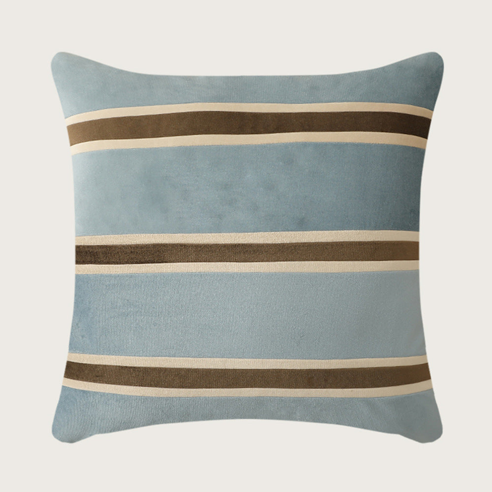 Square velvet decorative pillow with woven stripes and concealed zipper