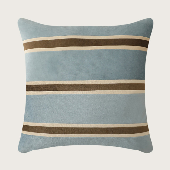 Square velvet decorative pillow with woven stripes and concealed zipper