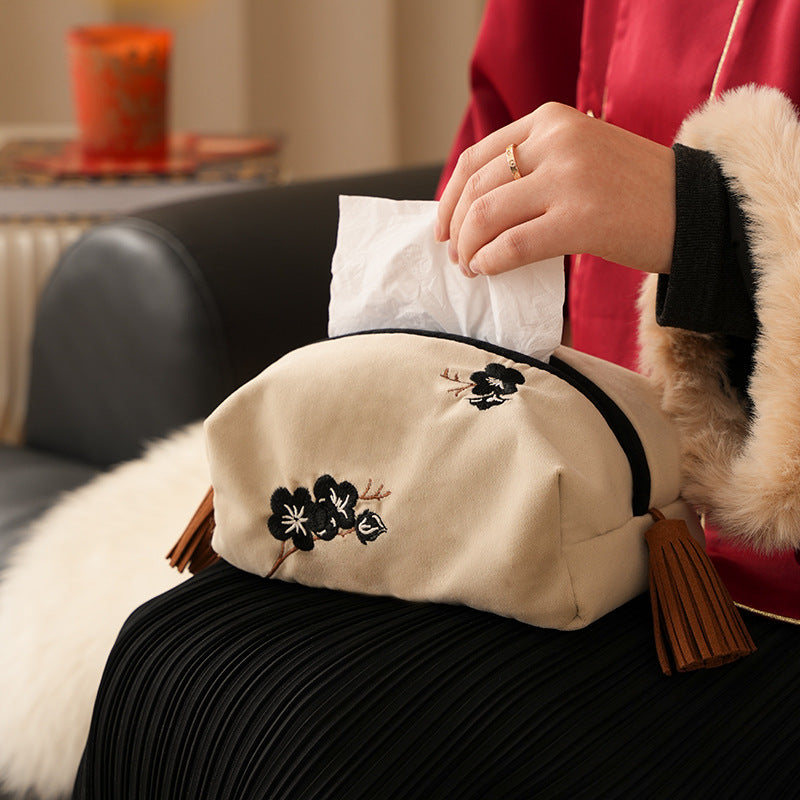 Embroidered tissue box cover made of velvet with tassels