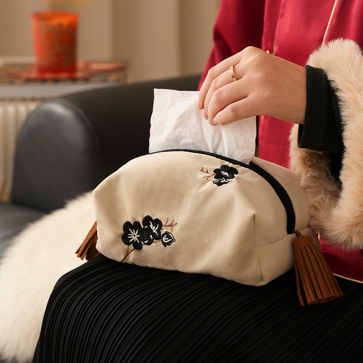 Embroidered tissue box cover made of velvet with tassels