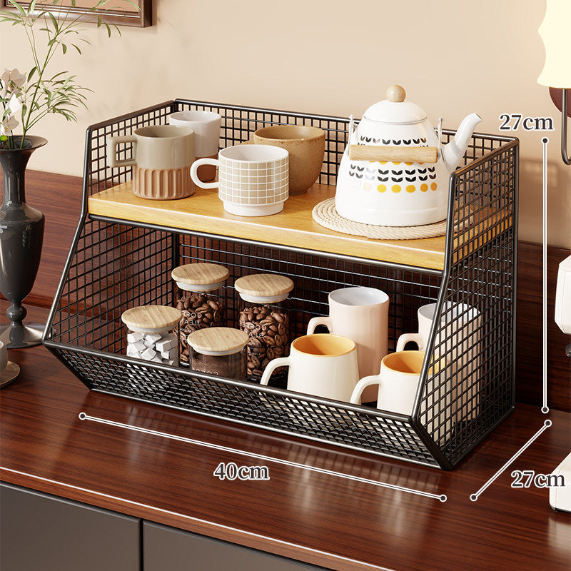 Two-Level Angled Wire Mesh Countertop Organizer with Wood-Effect Top Shelf and Front Drop Bins