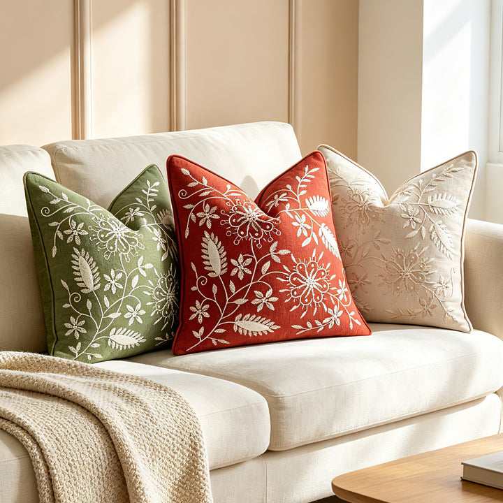 Embroidered Linen Throw Pillow Cover with Floral Motif