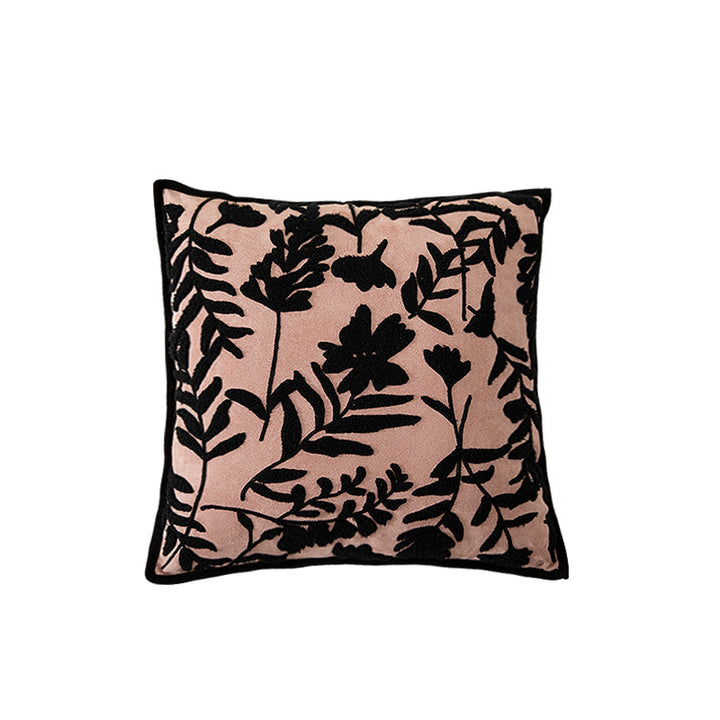 Square decorative pillow with floral flock embroidery and fine piping edge