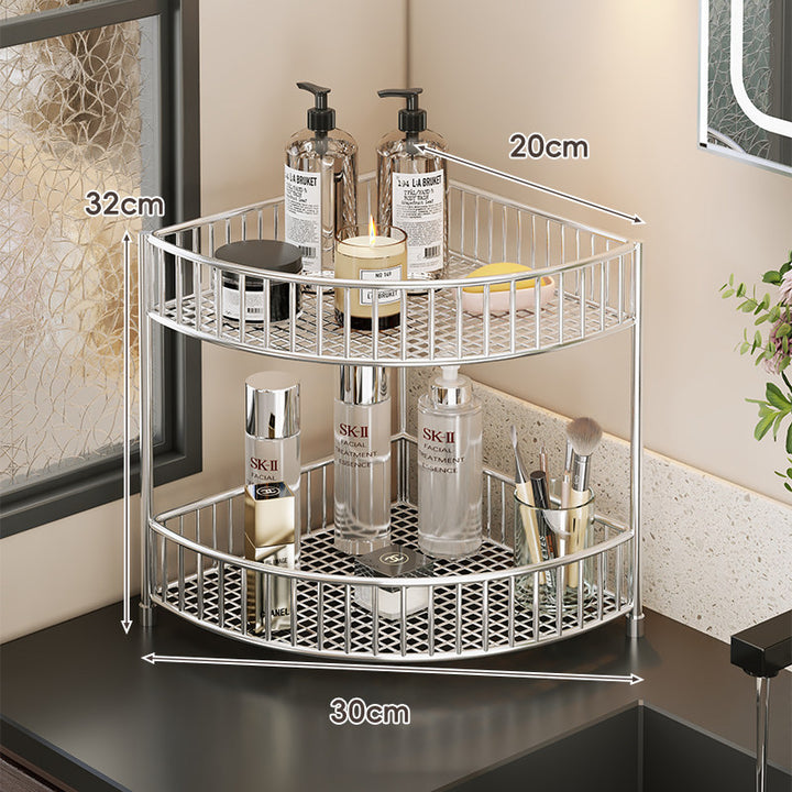 Two-Tier Corner Mesh Metal Bathroom Countertop Organizer Shelf with Raised Guard Rails