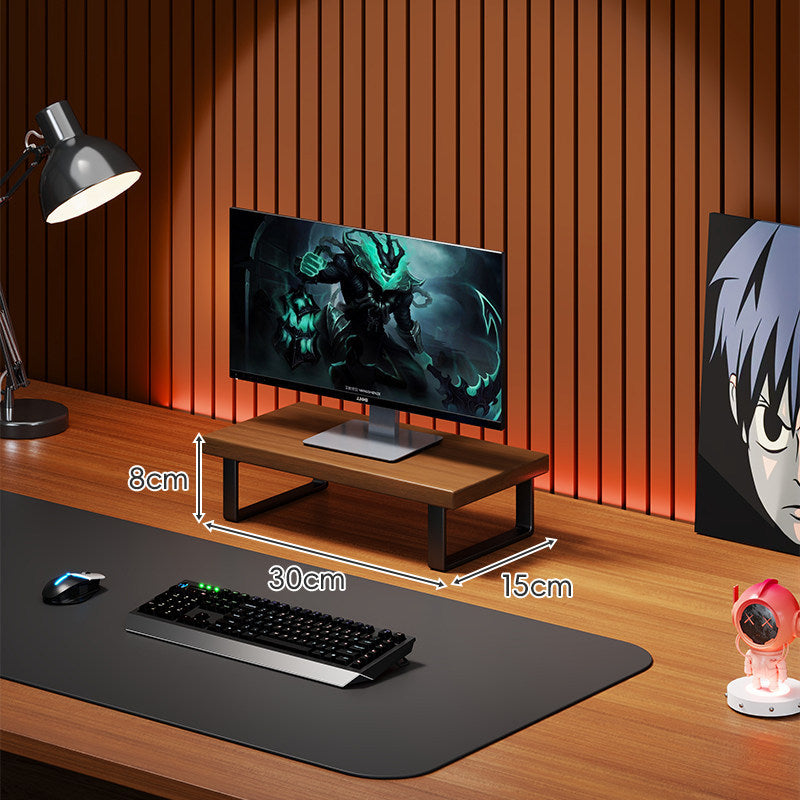 Elevated Wooden Monitor Riser Stand with Metal Bracket Legs and Cable-Friendly Desktop Shelf