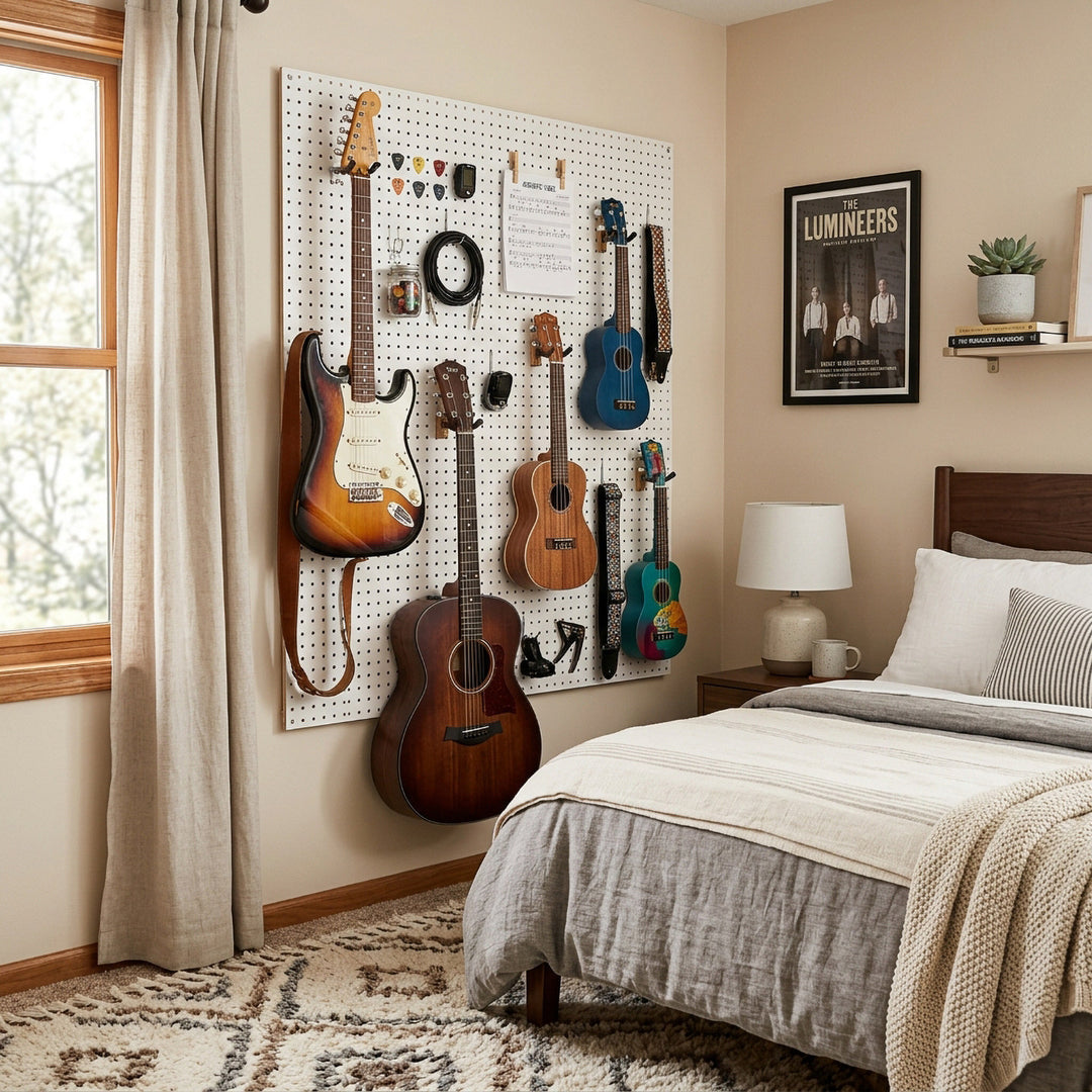 Wall-Mounted Perforated Metal Tool Pegboard Organizer with Magnetic Strip and Multi Hooks