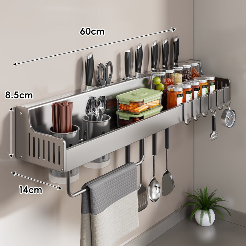 Wall-Mounted Stainless Steel Kitchen Rail with Knife Slots Spice Jar Shelf Multi-Hook Towel Bar