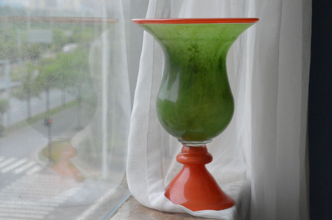 Tall Hand-Blown Fluted Glass Vase with Ruffled Rim & Rounded Pedestal Base