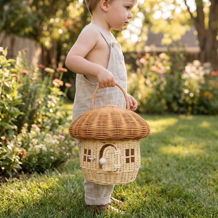 Playful storage basket in mushroom design