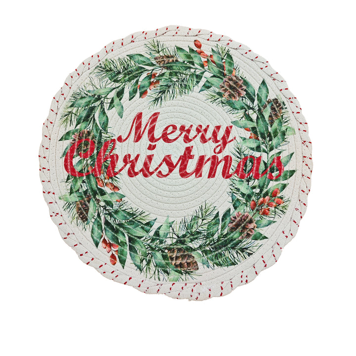 Braided round Christmas tree skirt made of cotton with quilted winter motif