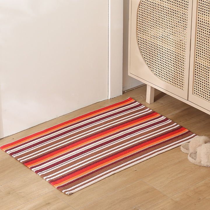 Striped cotton doormat with non-slip bottom and decorative woven edge