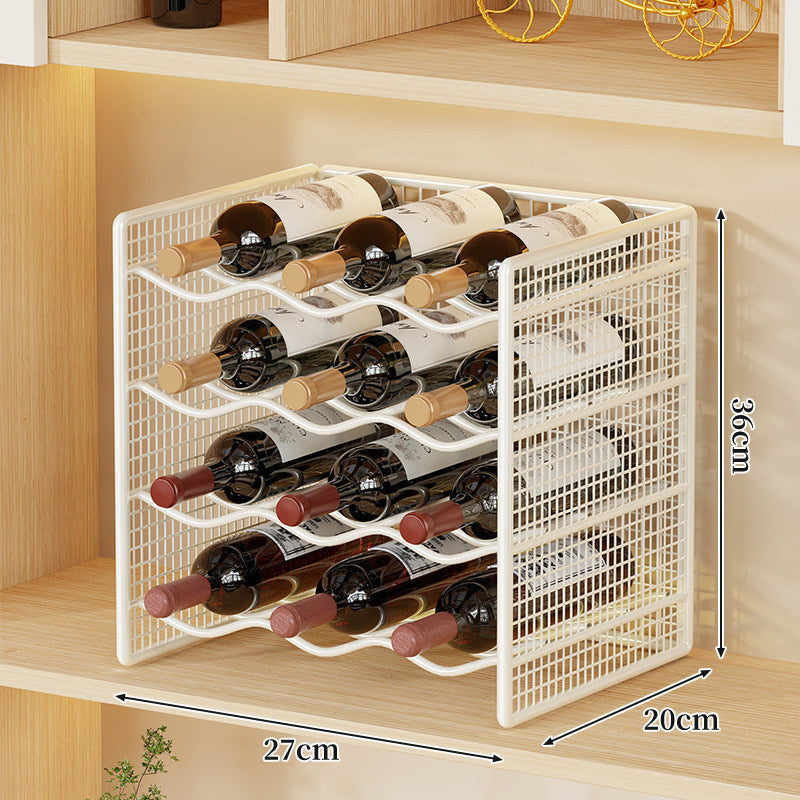 Countertop Metal Wine Bottle Rack Mesh Organizer with Stackable Grid Sides and Curved Bottle Cradles