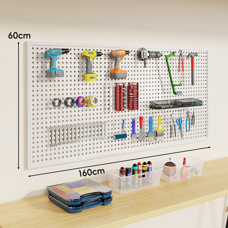 Heavy-Duty Wall-Mounted Perforated Steel Pegboard Tool Organizer with Modular Hooks and Shelf