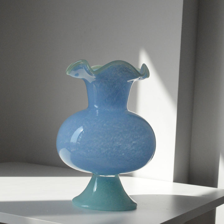 Artisanal Hand-Blown Rippled Pedestal Glass Centerpiece Vase