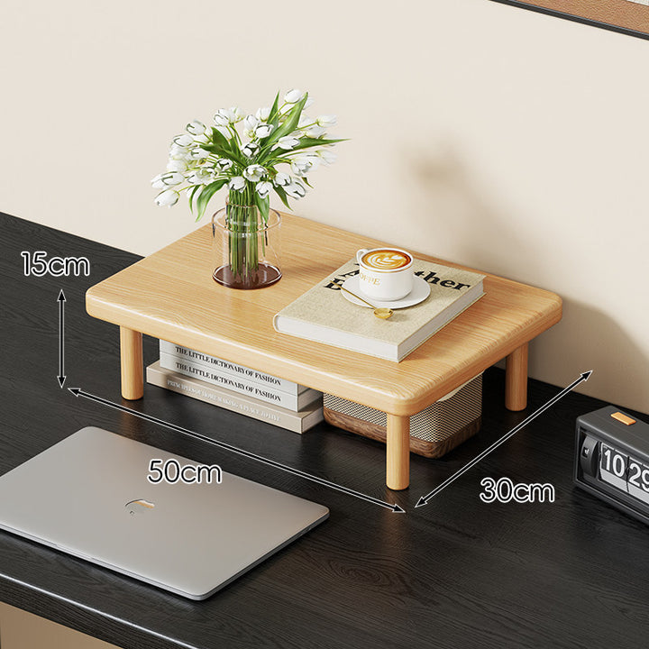 Compact Solid Wood Elevated Desk Display Stand with Under-Shelf Storage and Rounded Leg Design