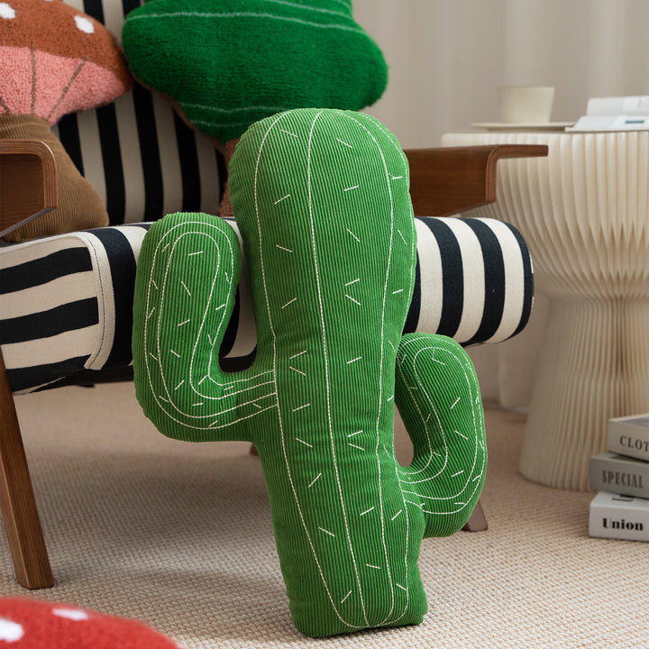 Cactus decorative pillow made of cord fabric with hand-stitched spikes and soft filling