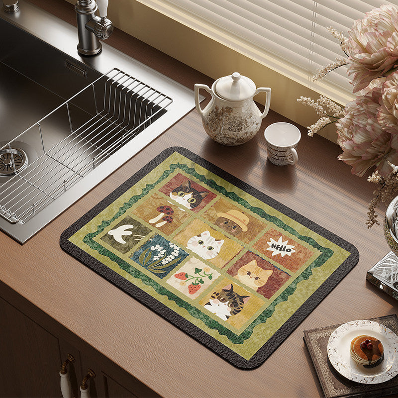 Absorbent Rectangular Kitchen Counter Placemat with Patchwork Cat & Floral Illustration and Non-Slip Backing