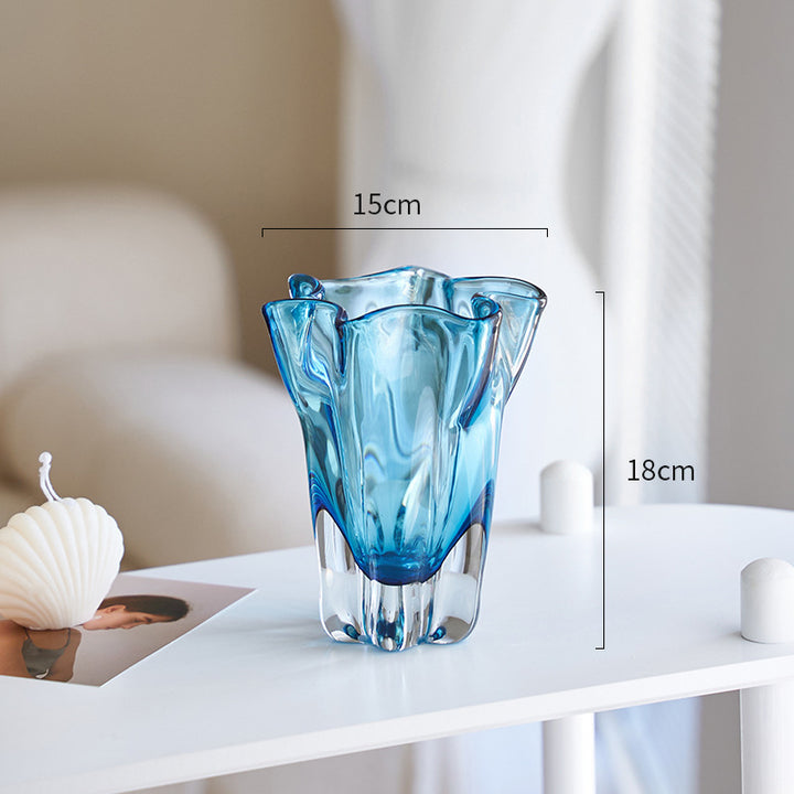 Tall Fluted Art Glass Centerpiece Vase with Sculpted Ruffled Rim