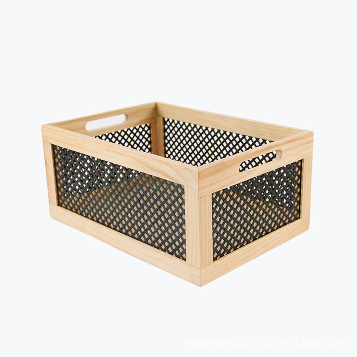 Wood storage box with decorative mesh elements