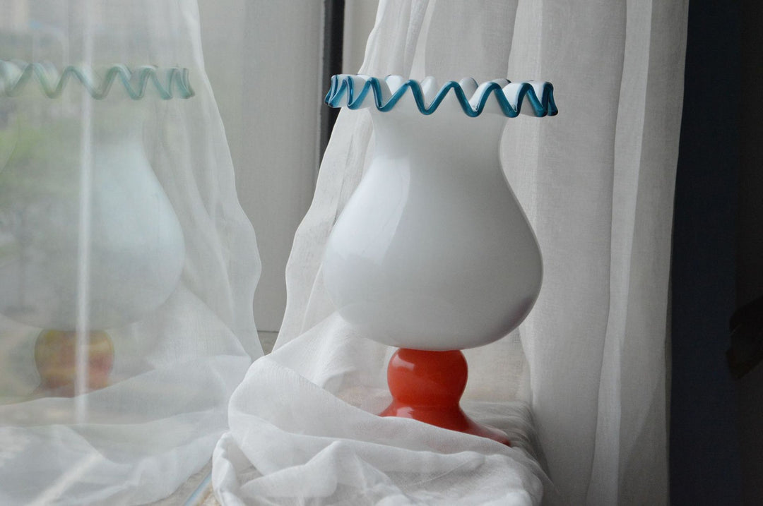 Tall Hand-Blown Fluted Glass Vase with Ruffled Rim & Rounded Pedestal Base