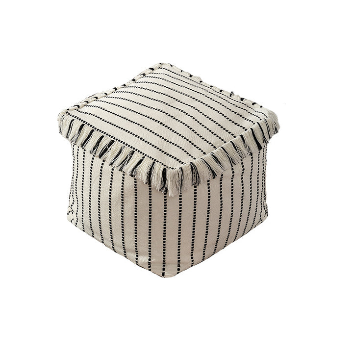 Woven decorative pouf with fringes and structured striped look