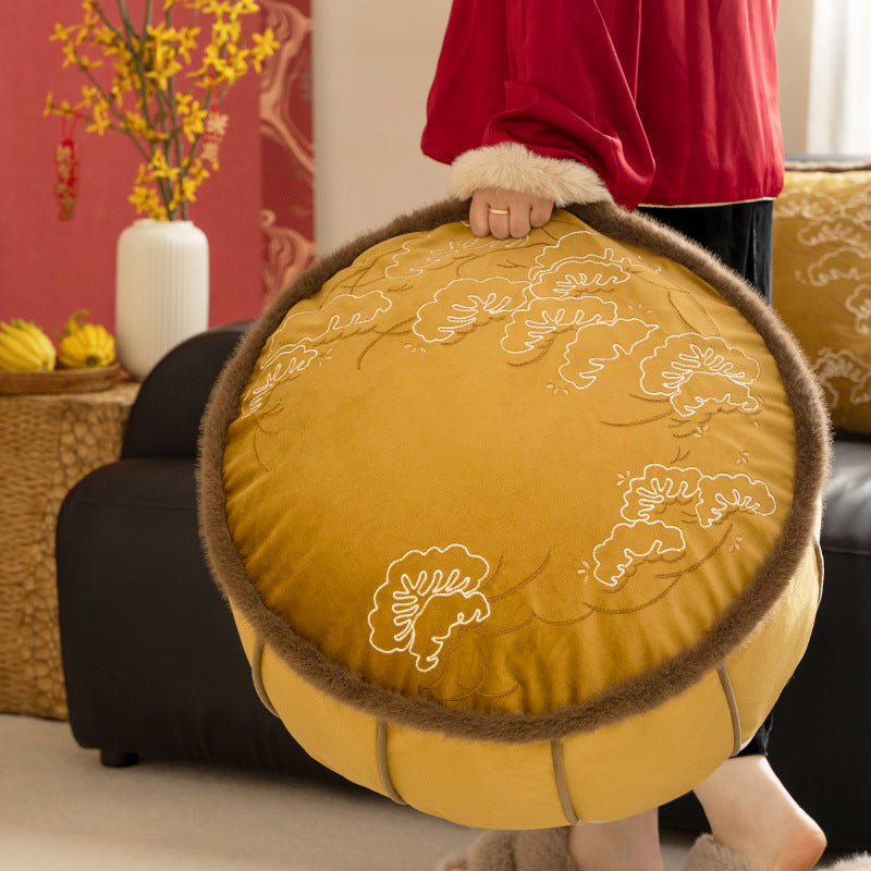 Round padded floor seat pouf with embroidered top and faux fur trim