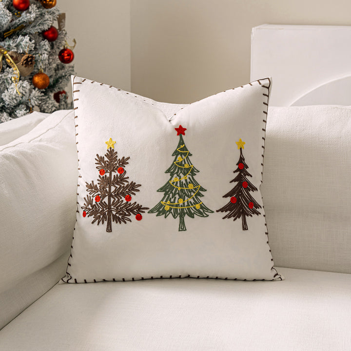 Embroidered Christmas Tree Square Throw Pillow Cover with Whipstitch Edge
