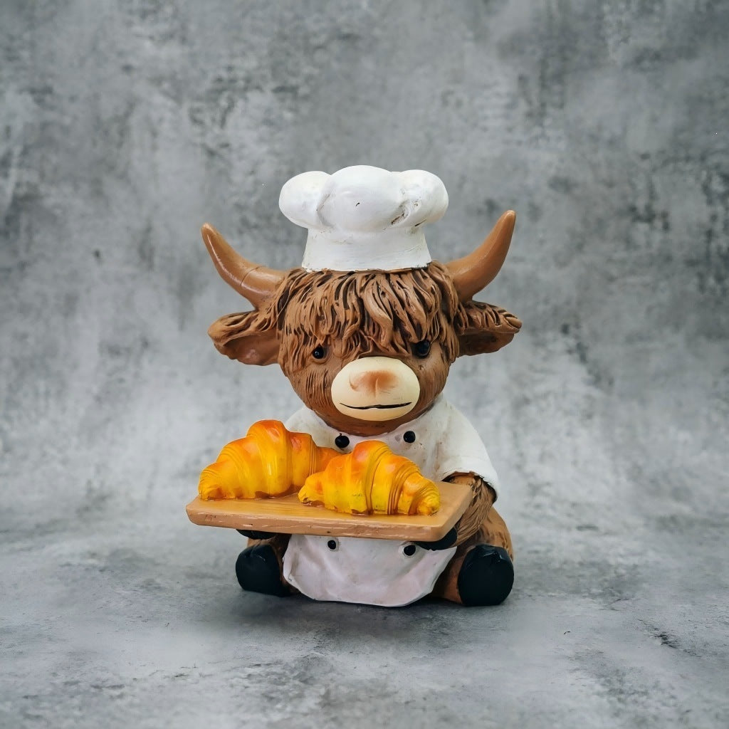 Decorative Highland Cattle Figure in Chef Outfit