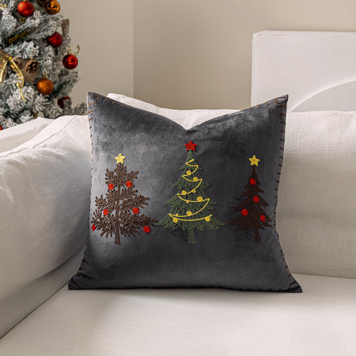 Plush Velvet Square Accent Pillow Cover with Hand-Stitched Christmas Tree Embroidery and Blanket-Stitch Edge