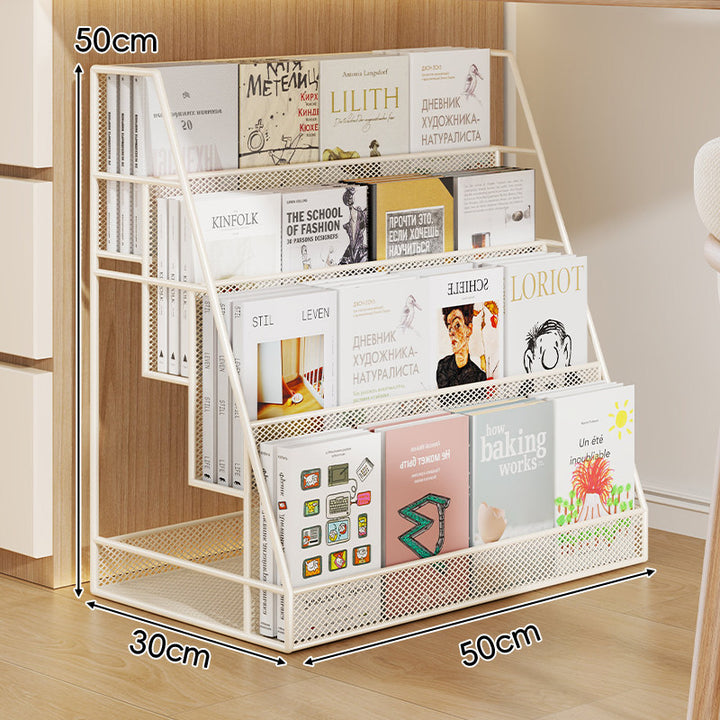 Angled Mesh Rolling Book and Magazine Display Rack with Slanted Shelves and Swivel Casters