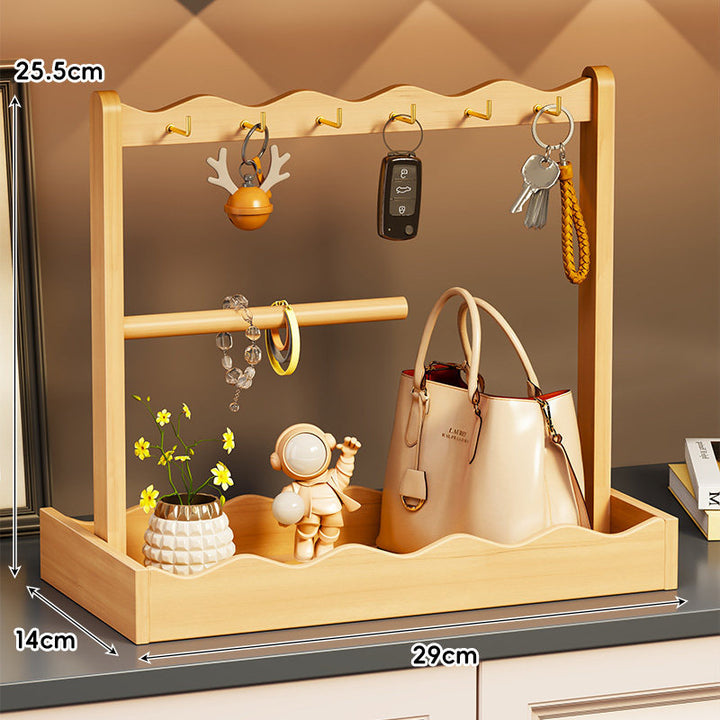 Wooden Entryway Valet Tray with Multi-Hook Key Rack & Jewelry Rod Organizer