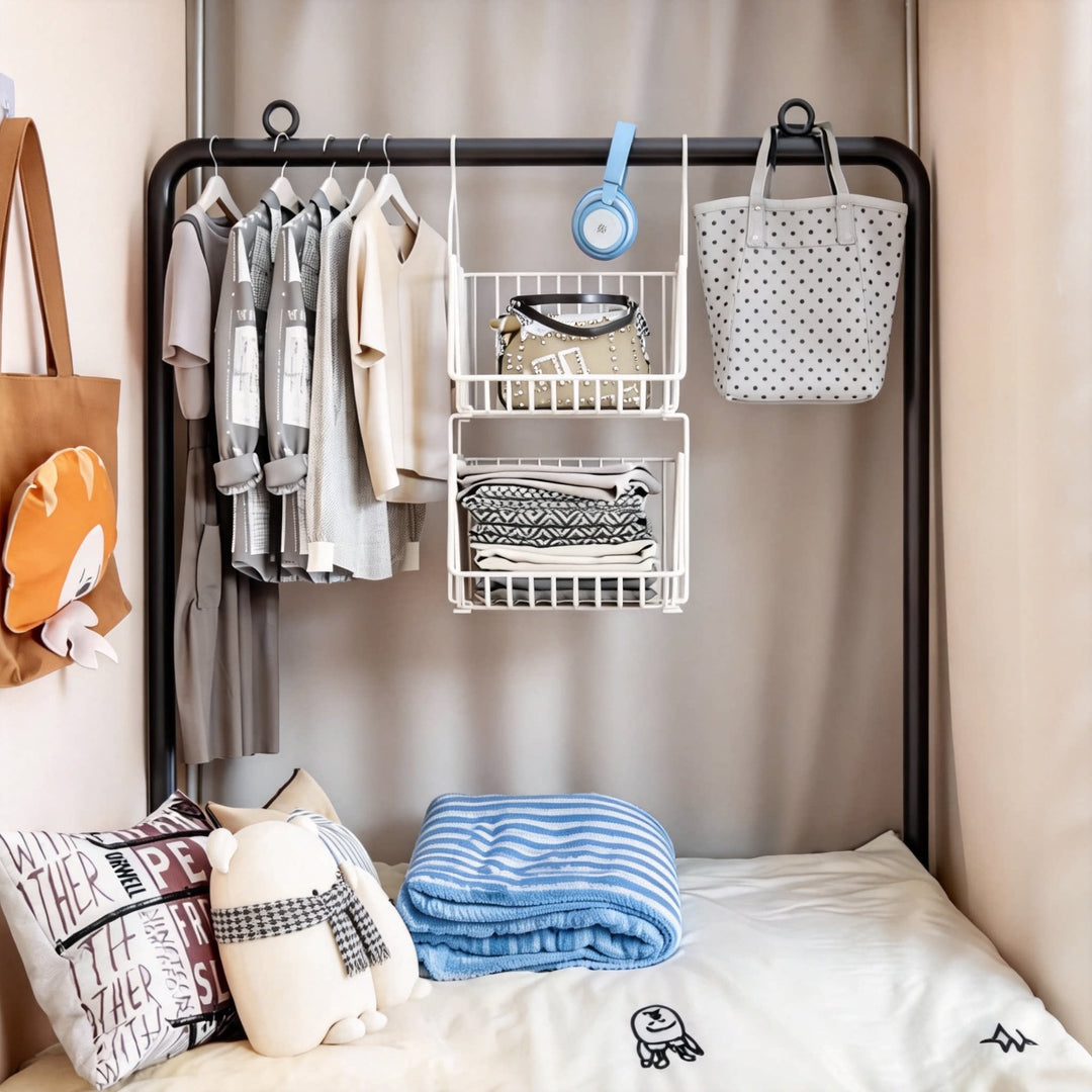 Compact Single-Rod Freestanding Clothing Rack with Lower Shelf and Decorative Top Rings