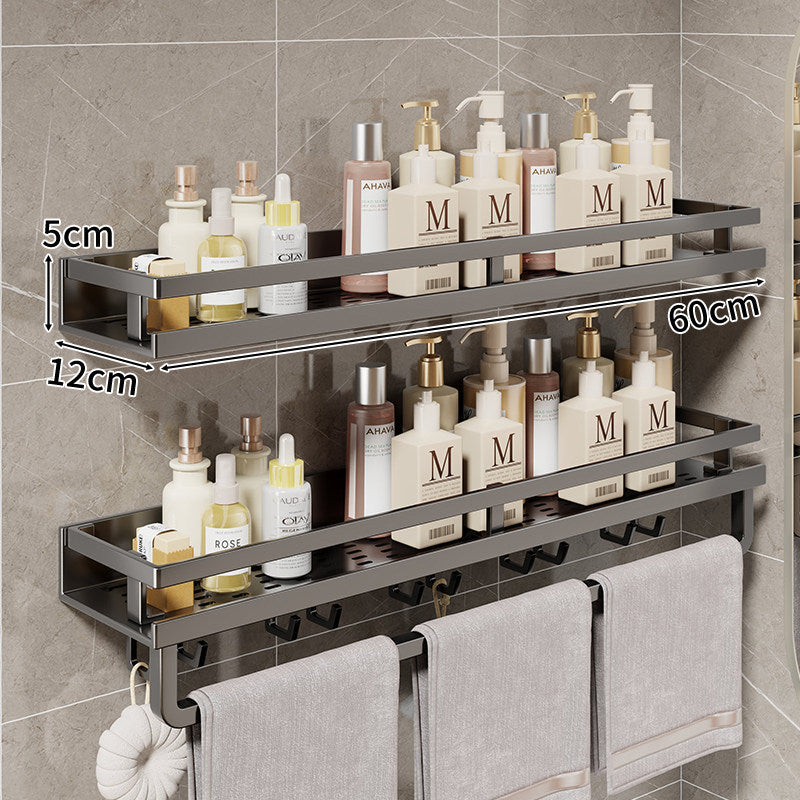 Compact Wall-Mounted Bathroom Shelf with Integrated Towel Rail and Multi-Hook Metal Organizer