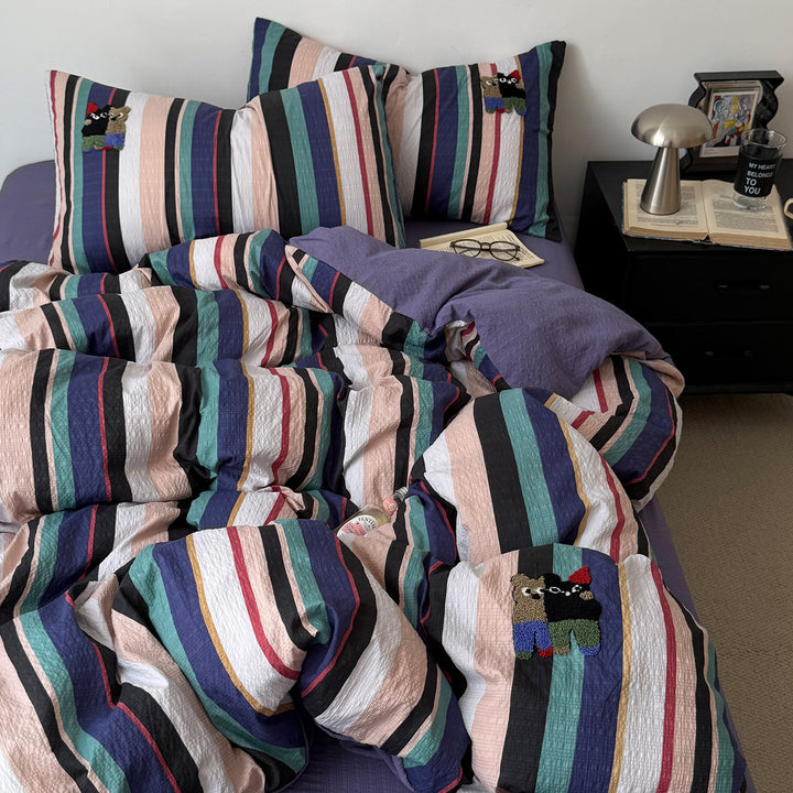 Striped Cotton Duvet Cover Set with Decorative Embroidery