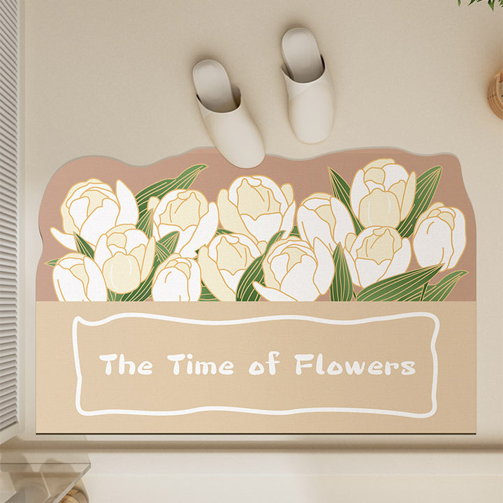 Absorbent Non-Slip Entrance Doormat with Tulip Illustration and 'The Time of Flowers' Typography