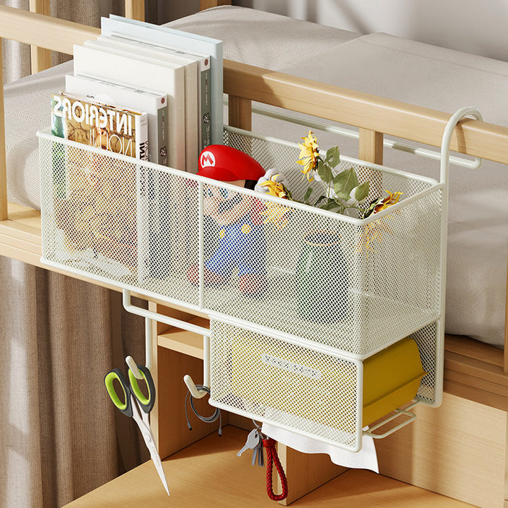Loft Bed Under-Rail Metal Mesh Organizer with Tissue Box Drawer and Multi Hooks