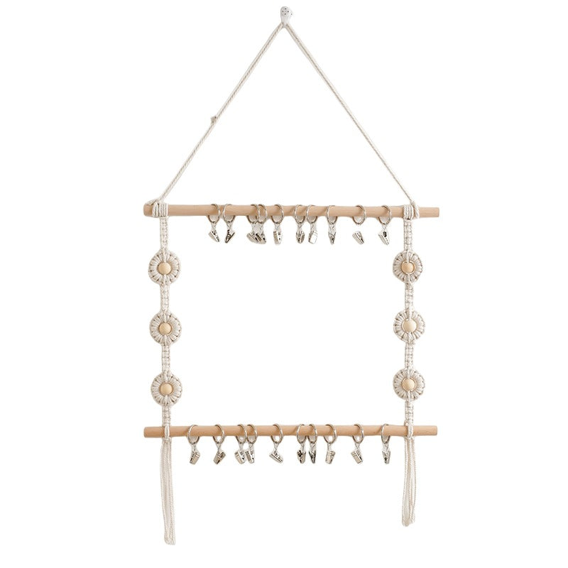 Macrame Wall Hanging Organizer with Decorative Clips