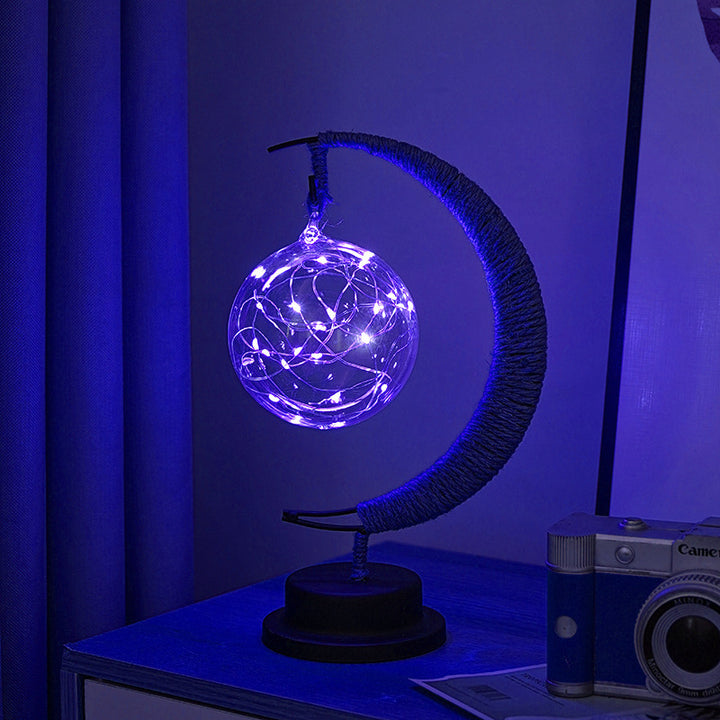 Decorative glass apple LED table lamp with moon-shaped rope-wrapped stand