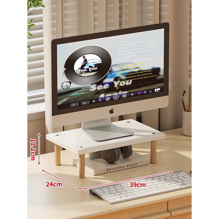 Compact Elevated Monitor Riser Stand with Wooden Legs and Under-Storage