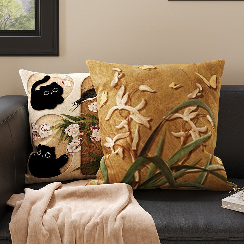 Plush Velvet Decorative Square Throw Pillow Cover with Cartoon Dog Family Illustration and Hidden Zipper