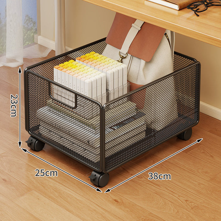 Under-Desk Mesh Rolling Storage Basket with Locking Swivel Casters and Integrated Carry Handle